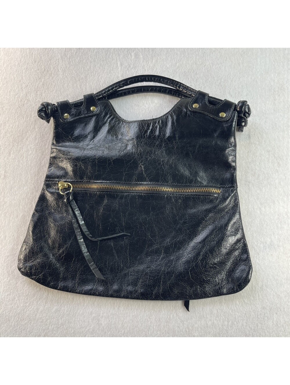 Black Leather Hobo Shoulder Bag W/Brushed Antique Brass Hardware